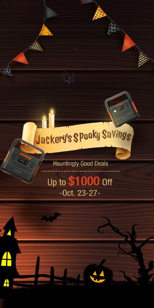 Seasonal Jackery promotional creative featuring portable power stations