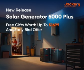 Jackery Solar Generator 5000 Plus promotional creative in a home garage setting